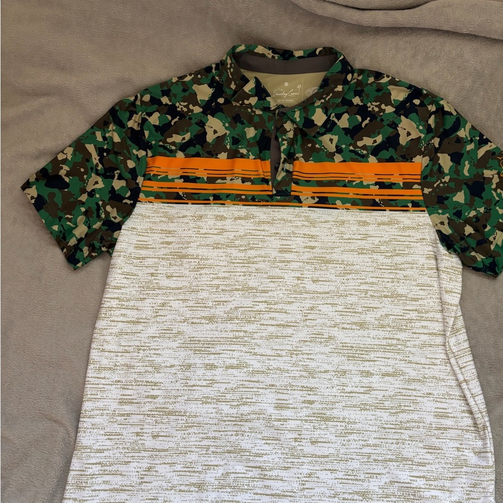 Green and Orange Camouflage Polo Shirt with Bold Stripes
